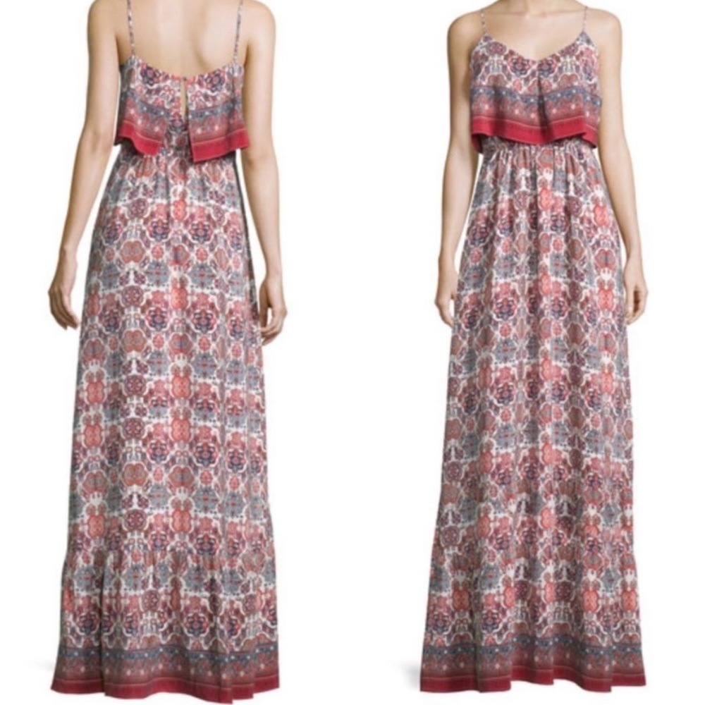 Joie Florina Maxi Dress 100% Silk Pink and Blue Geometric Folkloric Dress